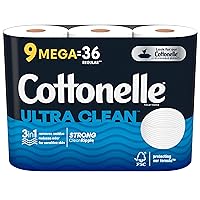 Cottonelle Ultra Clean Toilet Paper, 1-Ply, Strong Toilet Tissue, 9 Mega Rolls (9 Mega Rolls = 36 Regular Rolls), 312 Sheets per Roll, Packaging May Vary.
