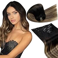 LaaVoo Clip ins Bundle Sew in Hair Extensions Real Human Hair Brown Balayage 16 Inch 100g Bundle Clip in Hair Extensions Real Human Hair Balayage 16 Inch 7pcs/120g