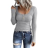 Women's Long Sleeve Shirts Casual Fall Henley Top Button Down Blouses Basic Ribbed Knit T Shirts 2024(Gray,XL)