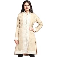 Bleached-Sand Long Jacket from Kashmir with Ari Embroidered - Beige