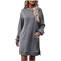 Women Fall Winter Hoodies Dresses Loose Fit Side Slit Sweatshirt Dress with Hood Long Pullover Pocket Hoodie Tops