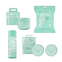 Real Techniques Real Clean Collection Bundle, XL Makeup Removing Wipes, Face Erase Makeup Removing Balm, In-The-Clear Eye Makeup Remover, Reusable Makeup-Removing Pads, Gently Removes Makeup, 4 Items