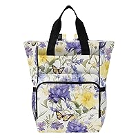 Purple Flowers Floral Butterflies Diaper Bag Backpack for Baby Girl Boy Large Capacity Baby Changing Totes with Three Pockets Multifunction Travel Baby Bag for Playing Shopping Picnicking