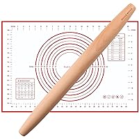 Muso Wood French Rolling Pin and Silicone Baking Mat Set, 15.75 Inch Beech Wood Tapered Rolling Pin for Fondant Pie Crust Cookie Pastry