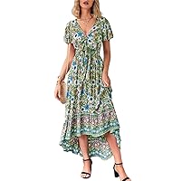 Pretty Garden Womens Casual Short Sleeve V Neck Floral Maxi Dress Boho Beach Irregular Sun Dress Flowy Tie Long Dresses