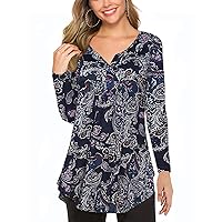 Halife Women's Floral Printed Long Sleeve Henley Shirts V Neck Pleated Casual Flare Tunic Blouse Tops