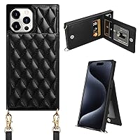 Coolden Compatible with iPhone 15 Pro Case Quilted Leather Women Luxury Phone Cover Crossbody Strap Kickstand Slim Square Armor Card Holder Slots Wallet Case for iPhone 15 Pro 6.1 inch,Black