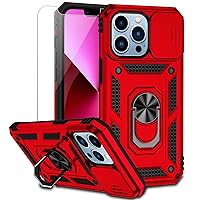for iPhone 13 Pro Max Case with Camera Lens Cover HD Screen Protector, Military Grade Drop Protection Magnetic Ring Holder Kickstand Protective Phone Case for Apple iPhone 13 Pro Max 6.7 inch (Red)
