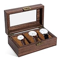 Uten Watch Box 3 Slots, Watch Case Organizer with Real Glass Lid, Wood Grain PU Leather Watch Display Storage Box with Removable Imitation Suede Watch Pillows, Metal Clasp, Gift for Men and Women