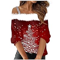 Sexy Christmas Shirt for Women Teens Girls Fur Off Shoulder Y2K Tops Loose Long Sleeve Going Out Tunic Holiday Blouse