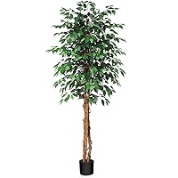 6ft Artificial Ficus Tree with Natural Wood Trunk, Silk Fake Ficus Tree in Plastic Nursery Pot, Faux Plant for Office Home, Indoor Outdoor Decor, 1 Pack