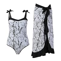 Womens Swimsuit Set with Skirt Swim Top 2X Colorblock Abstract Floral Print 1 Piece Swimwear+1 Piece Cover UP