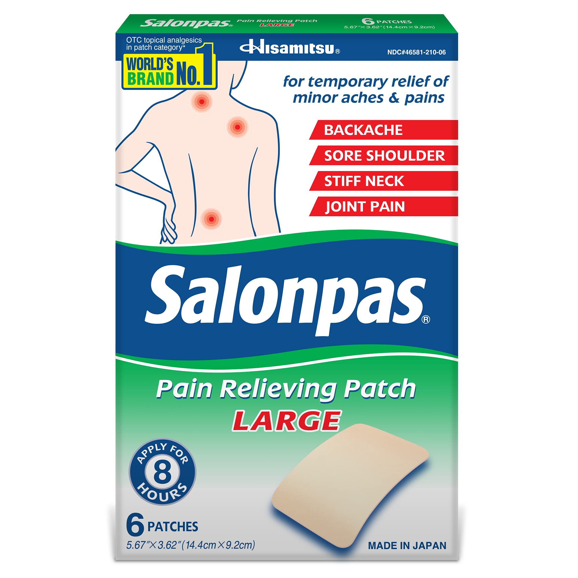 Salonpas Pain Relieving Patch, LARGE, 6 Count, for Back, Neck, Shoulder, Knee Pain and Muscle Soreness, 8 Hour Pain Relief