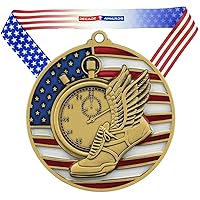 Track & Field Patriotic Medal – Gold, Silver, Bronze | Red, White, Blue Running Award | with Stars and Stripes American Flag Neck Ribbon | 2.75 Inch Wide