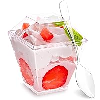 Kucoele 100 Pack 2oz Mini Dessert Cups with Lids and Spoons, Square Clear Plastic Parfait Cups Serving Cups Small Dessert Containers for Tasting, Appetizer, Pudding and Yogurt