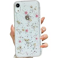 for iPhone XR Clear Case with Pressed Real Flowers Design,Glitter Cute Pink Floral Pattern Slim Soft TPU Shockproof Protective Women Girl's Phone Case for iPhone XR