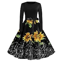 Women's Summer Floral Print Casual Round Neck Pullover High Waist Long Sleeve Dress Bohemian Sundress 2024