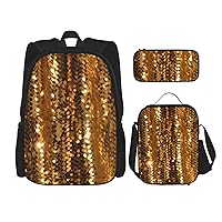 Gold Sequin Sparkle 3 Pcs Print Backpack Sets Casual Daypack with Lunch Box Pencil Case for Women Men