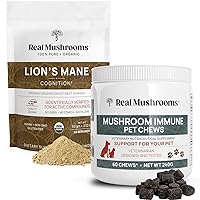 Real Mushrooms Lions Mane Powder for Humans (60g) & Mushroom Immune Pet Chews (60ct) - Bundle for Cognition & Immunity - Ashwagandha, Astragalus & More - Vegan, Non-GMO, Gluten-Free, Grain-Free