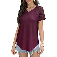 Womens Summer Tops 2024 Lace Short Sleeve T Shirts V-Neck Curved Hem Casual Loose Fit Tee Shirts