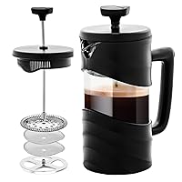 12 Ounce French Press Coffee, Tea and Espresso Maker, Heat Resistant Borosilicate Glass with 4 Filter Stainless-Steel System, BPA-Free Portable Pitcher Perfect for Hot & Cold Brew, Black FPW12B