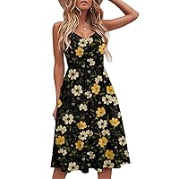 BeadChica Women's Casual Dress Summer Sleeveless V Neck Floral Sundresses A Line Spaghetti Strap Midi Dress with Pockets