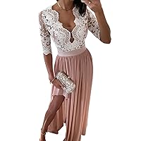 Wolddress Womens Elegant Party V Neck Maxi Dresses Pink Lace Crochet Patchwork Maxi Dress with Side Split Pink L