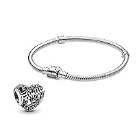 Pandora Jewelry Bundle with Gift Box - Family Heart Sterling Silver Charm & Moments Sterling Silver Snake Chain Charm Bracelet with Barrel Clasp, 8.3