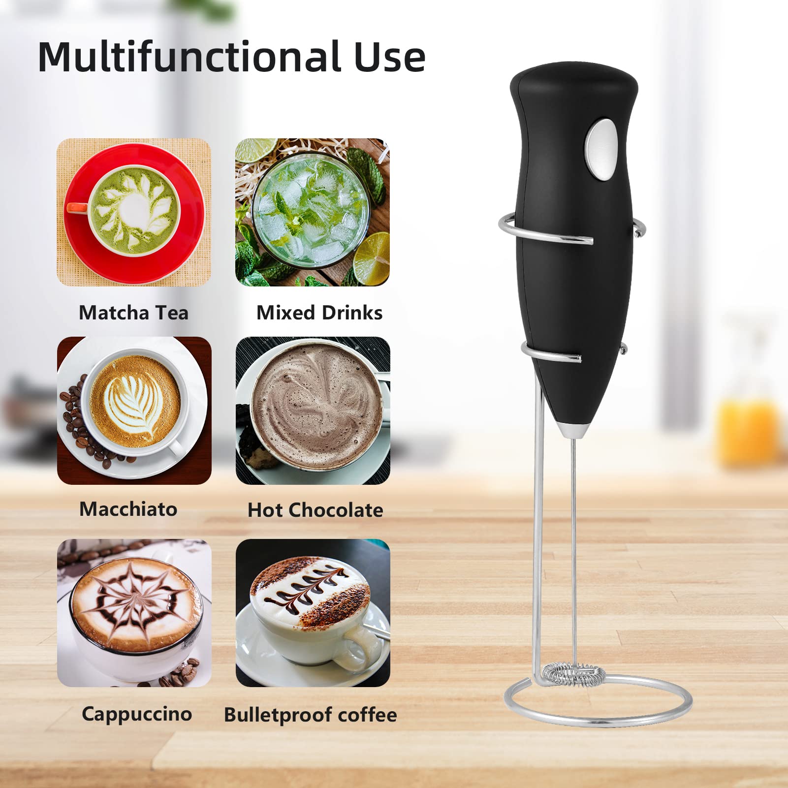 Milk Frother Handheld Coffee Mixer - Battery Operated Electric Foam Maker with Stainless Steel Stand, Portable Electric Frother for Coffee, Cappuccino, Latte, Matcha, Hot Chocolate (Black)