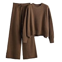 Women's Baggy Two Piece Outfits Sweater Sets Long Sleeve Knit Pullover Tops and Wide Leg Pants Lounge Comfy Sets