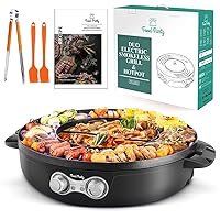 DUO Electric Smokeless Grill and Hot Pot, With Separable Cooking Plate, Deluxe Combo of 1 Recipe Book, 1 Tong, 1 Oil Brush, 1 Pack of Parchment Paper, for Hotpot KBBQ, Barbecue & Grill
