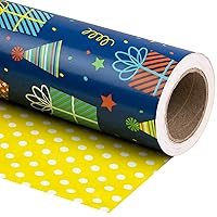 WRAPAHOLIC Reversible Birthday Wrapping Paper - Mini Roll - 17 Inch X 33 Feet - Gift Boxes and Polka Dot Design for Birthday, Party, Baby Shower