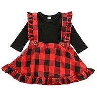 Baby Girls Ribbed Round Neckline Solid Color Romper Bodysuit +Ruffle Plaid Print Tutu Princess Suspender Skirt