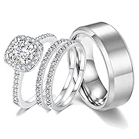 18k White Gold Plated Wedding Ring Sets for Him and Her Womens Mens Titanium Stainless Steel Bands 2Ct Cz Couple Rings