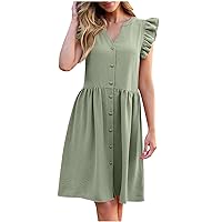 Womens 2024 Summer Dresses Plain Casual Ruffle Sleeveless Button Down V Neck Loose Fit Sun Dress Cute Swing T Shift Dress
