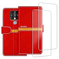 Phone Case Compatible with Tecno Camon 16 CE 7 + [2 Pack] Screen Protector Glass Film, Premium Leather Magnetic Protective Case Cover for Tecno Camon 16 Pro (6.8 inches) Red