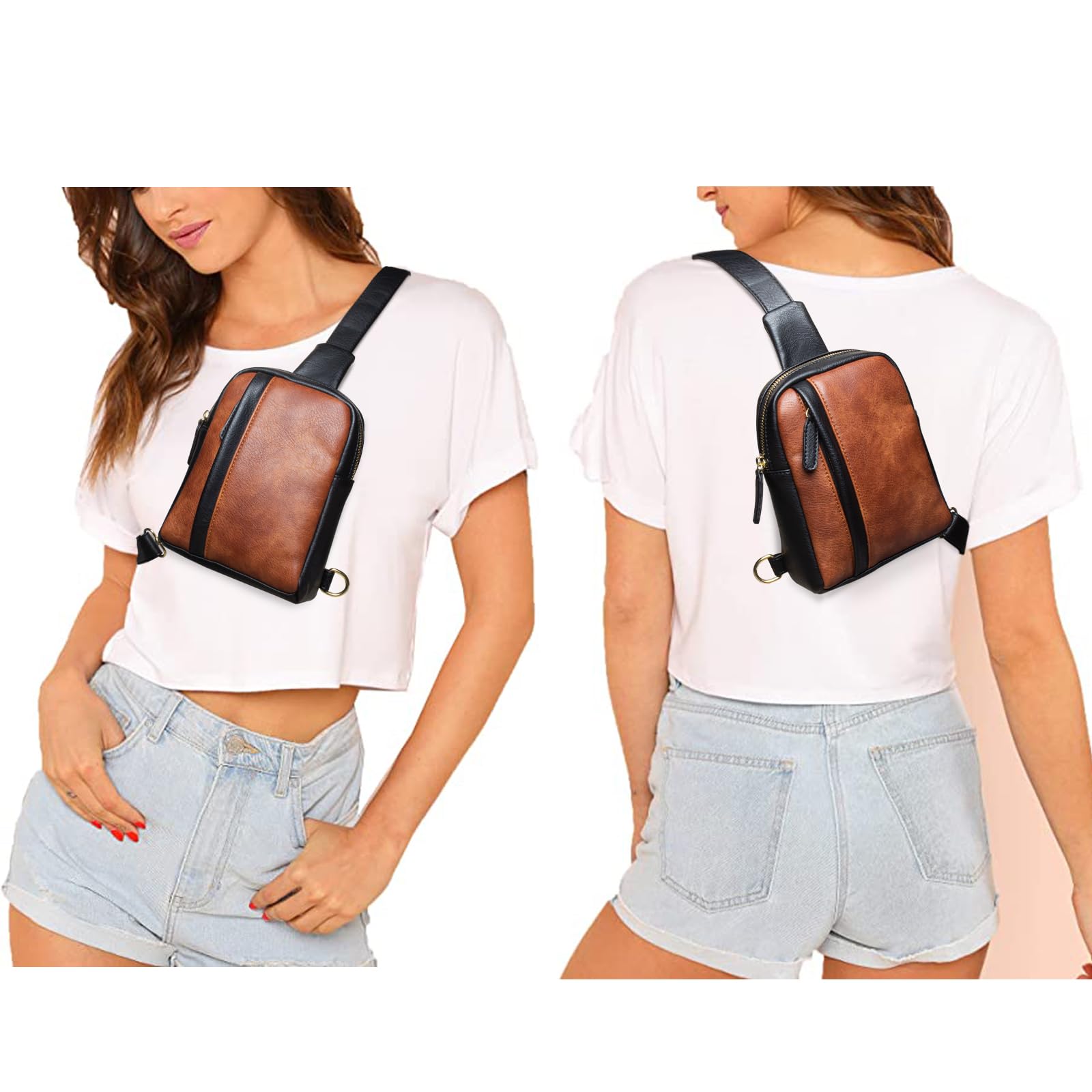 Small Sling Bag Leather Crossbody Bag Fanny Packs Chest Phone Purse Fashion Causal Daypack for Women Men (1-Brown Black)