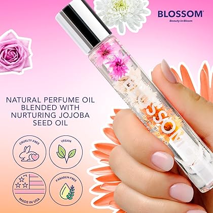 Blossom Roll on Rollerball Perfume Oil with Natural Ingredients + Essential Oils, Infused with Real Flowers, Made in USA, 0.3 fl oz./9ml, 3 pack Mini Gift Set, Hibiscus/Honey Jasmine/Rose