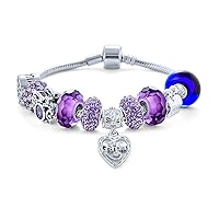 Bling Jewelry Purple Love Grandma Family Themed Starter Beads Multi Charm Bracelet For Grand Mother Women .925 Sterling Silver Snake Chain European Barrel Snap Clasp Bracelets 6.5 7 7.5 8 Inch