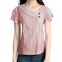 Womens Shirts Ruched Tops for Women Solid Color Button Patchwork Fashion Trendy with Short Sleeve Irregular Sleeve Blouses Pink Medium