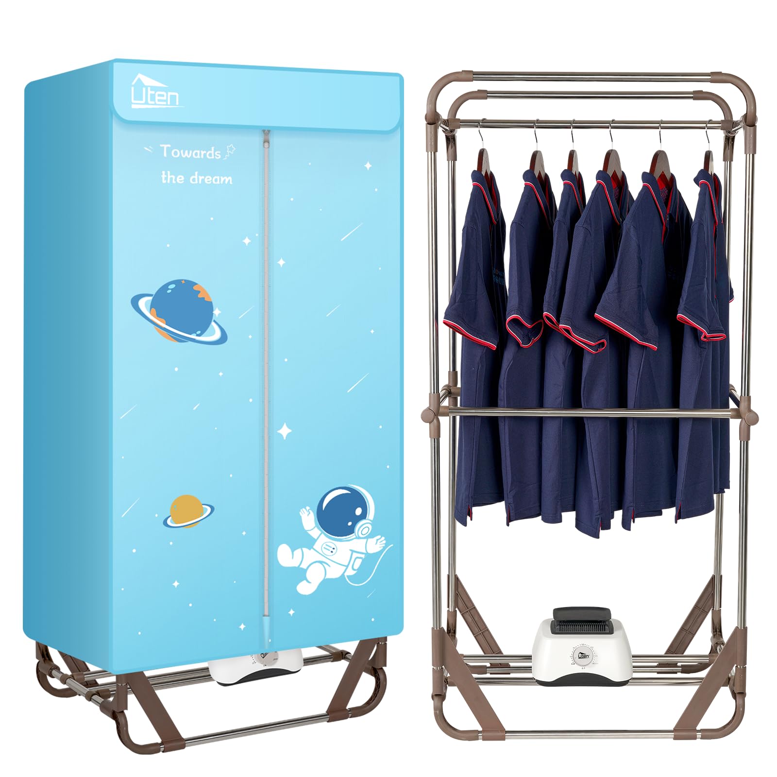 Uten Portable Clothes Dryer, 1500W Power Electric Clothes Dryer Machine with Timer, 2-Tier Portable Laundry Drying Wardrobe, Foldable Clothes Drying Rack and Dryer for Travel, Apartments, RV, Home