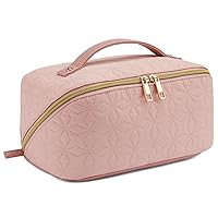 Telena Makeup Bag Large Capacity Travel Cosmetic Bag Portable Lightweight Makeup Organizer Bags for Women with Handle and Divider Open Flat Light Pink