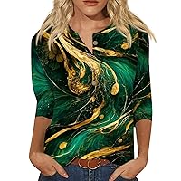 3/4 Sleeve Tops for Women Summer Button Down Henley Shirt Three Quarter Sleeve Shirts Floral Printed Tunic Blouses