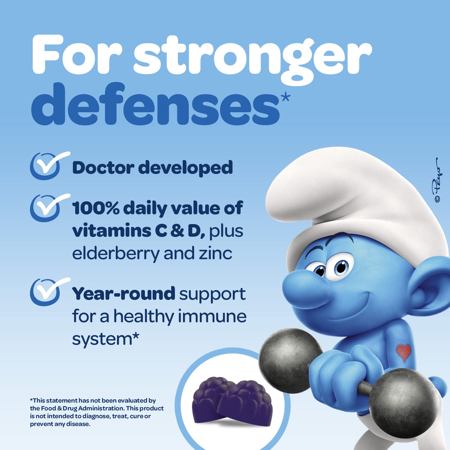 The Smurfs Immune Support Supplement Vitamins for Kids with Elderberry, Zinc, Vitamin C & D for Immune Defense Age 3+ | Made with Real Fruit in a Smurf Berry | Doctor Developed & Non-GMO | 40 Gummies