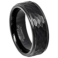 Hammered Finish Black Tungsten Ring, Black IP Mens Tungsten Wedding Band Comfort Fit
