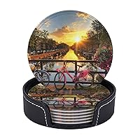 Beautiful Sunrise Over Amsterdam Printed Drink Coasters with Holder Leather Coasters Set of 6 Tabletop Protection Decorate Cup Mat for Coffee Table Bar Kitchen Dining Room