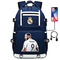 Casual Karim Benzema Knapsack with USB Charging Port-Students Daily Book Bag Lightweight MCF Rucksack for Travel