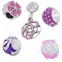 5 Pcs Pink & Purple Silver Crystal Charms for Jewellery Making Charm Bracelets Necklaces Girls Gemstone Gifts - Fits Pandora