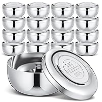 16 Pcs 4.4 oz 3.4 x 3.4 x 1.8 Inch Korean Stainless Steel Bowls with Lids Silver Round Unbreakable Metal Bowl Traditional Noodle Rice Bowl Insulated Soup Bowls for Kitchen Restaurant Serving