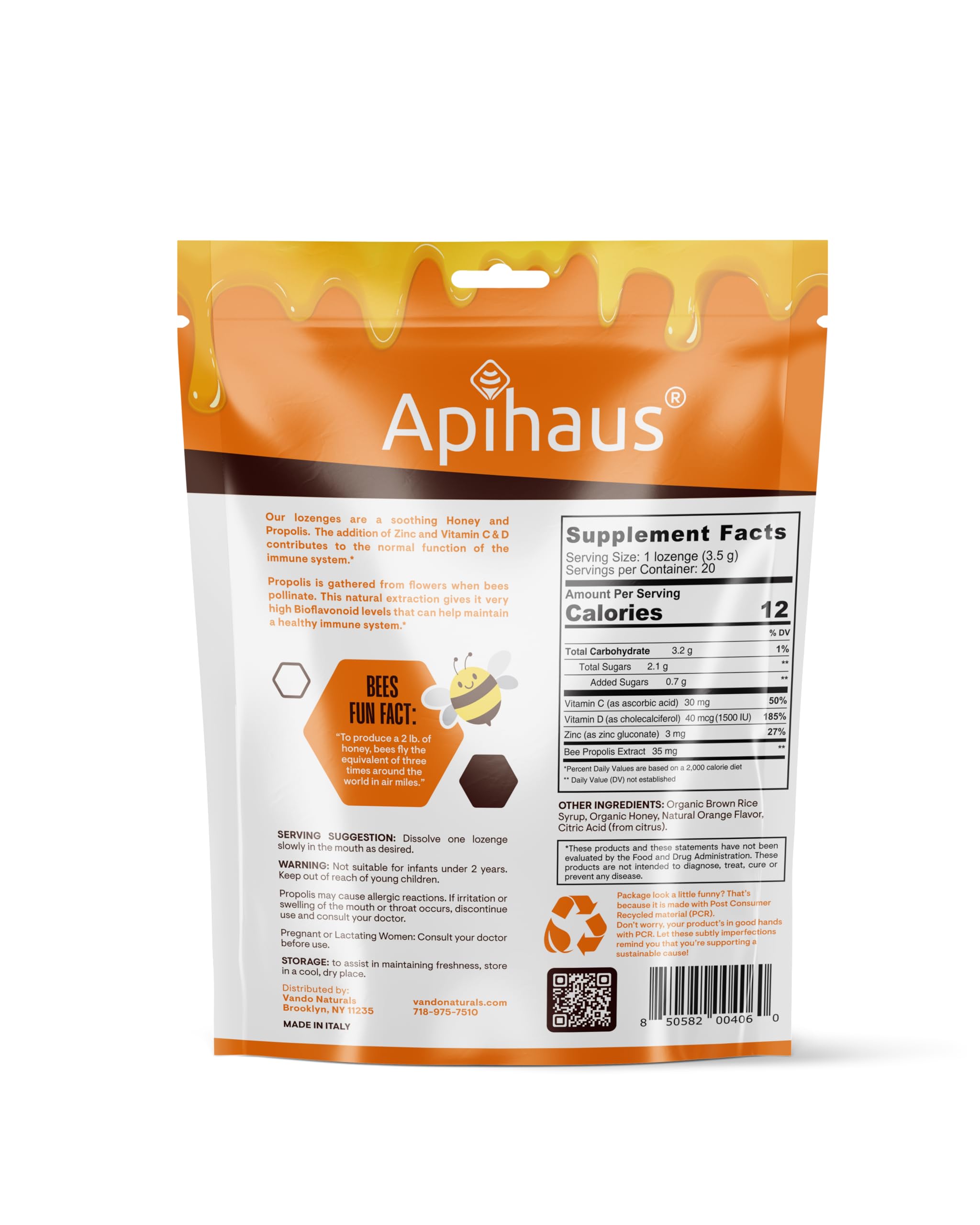 apihaus Honey and Propolis Lozenges Orange Flavor, Freshens Breath - Soothes a Throat- Immune Support with Vitamin C, Vitamin D and Zinc, 20 Count